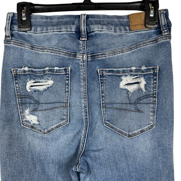 American Eagle SZ 8 SHORT Curvy Jeggings Jeans Super Hi-Rise Distressed Rip Blue - Picture 7 of 13